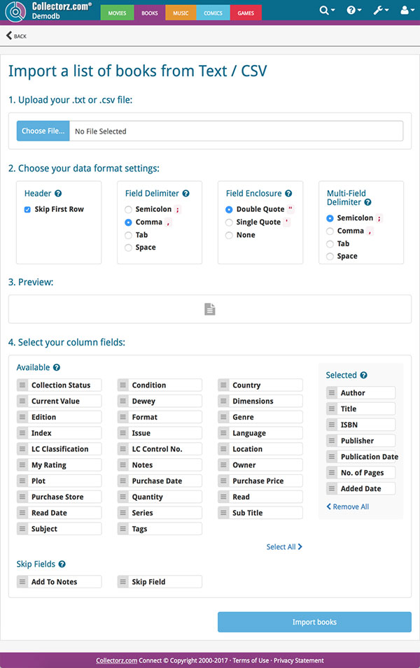 Import books from a Text or CSV file