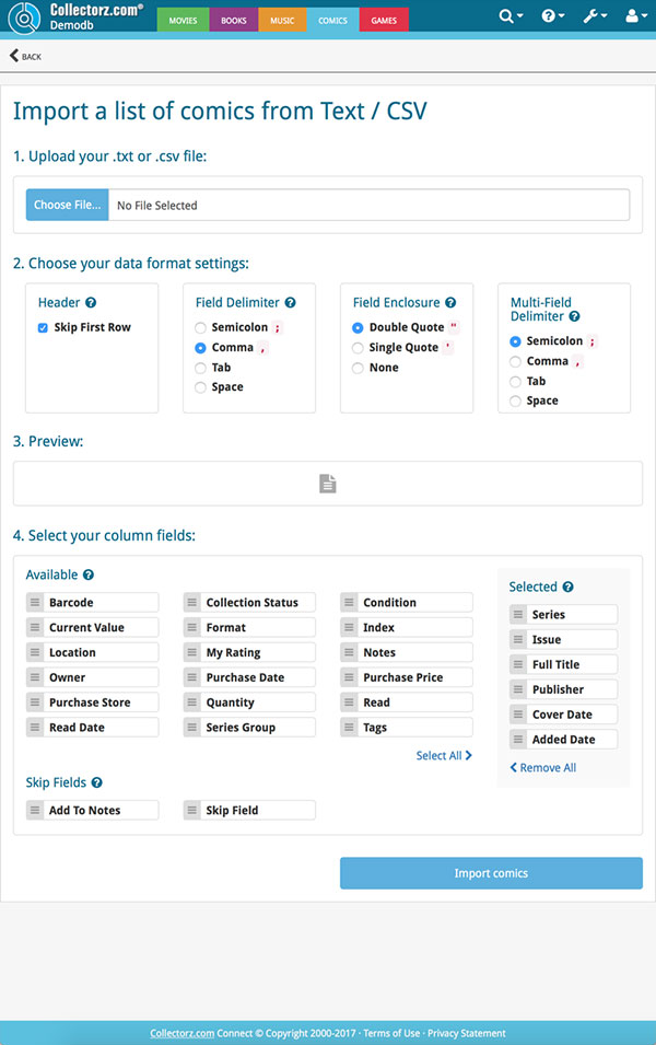 Import comics from a Text or CSV file