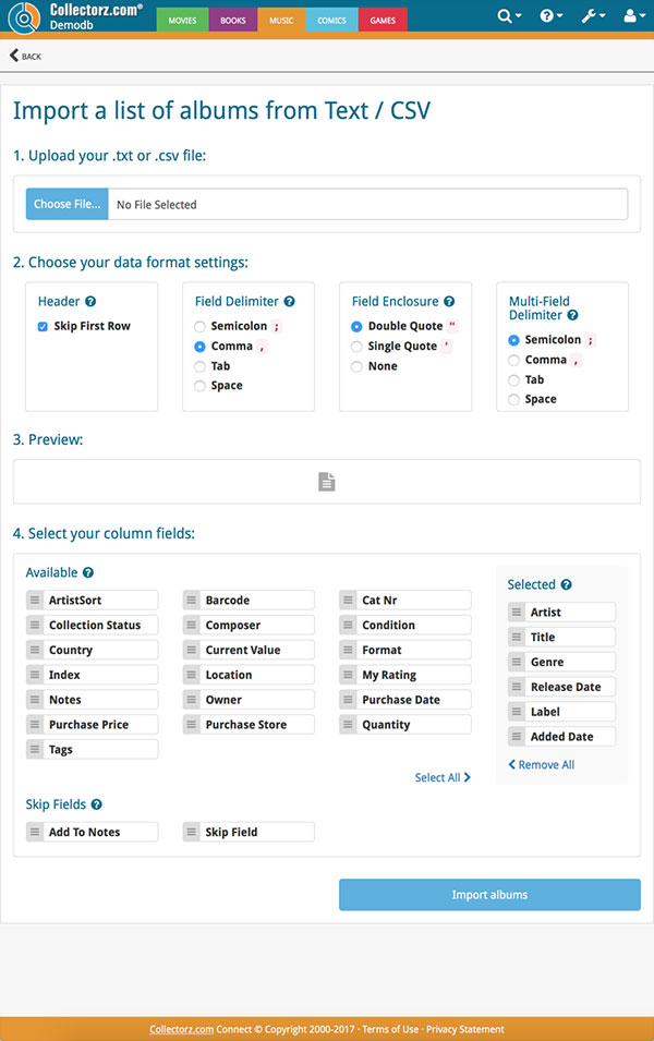 Import albums from a Text or CSV file